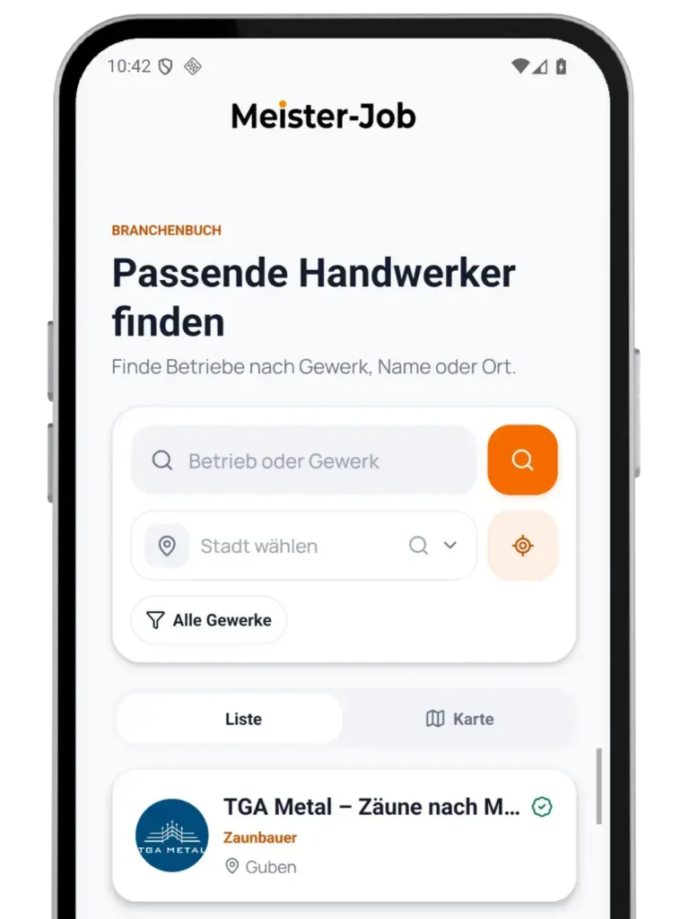Ansicht der bestehenden Meister-Job App