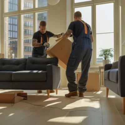 Umzugshelfer tragen Kartons in Transporter vor Wohnhaus